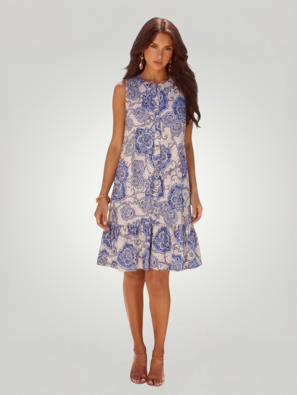Tommy Hilfiger 8 Blue White Floral Sleeveless Tiered‎ Dress Button Front
